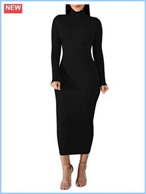 Turtleneck Long Sleeve Bodycon Maxi Dress Brushed Lined Stretch Pencil Dress